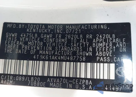 2021 Toyota Camry Xse из США, поврежденный, VIN 4T1K61AK4MU487758